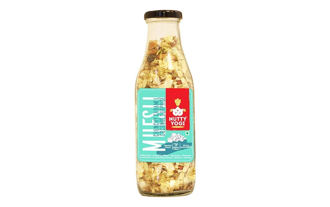 Nutty Yogi Crunchy Caramel Coconut Surprise Muesli   Glass Bottle  250 grams